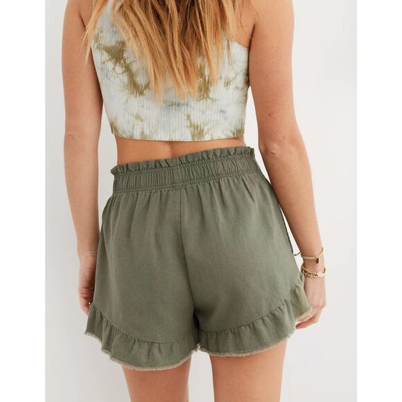 Aerie High Waisted Linen Ruffle Shorts Olive Green Size L - Picture 3 of 10